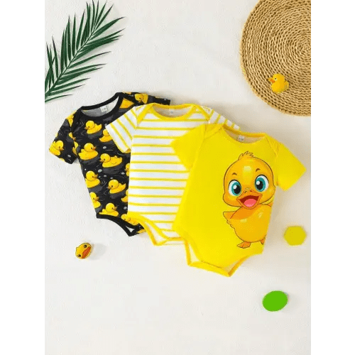 3pcs/Set Baby Boy Cute Duck Print Casual Bodysuits, Comfortable Easy-To-Wear Short Sleeve Summer Outfit Combos | SHEIN USA