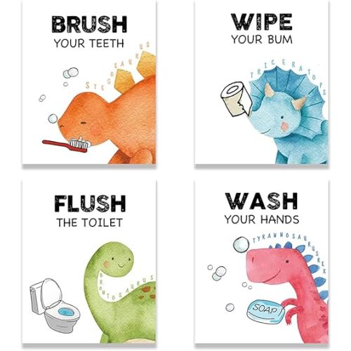 FALJIOK Funny Dinosaur Bathroom Decor, Fun Gag Brush Flush Wipe Wash Wall Art Prints Decorations for Nursery Bathroom, Dinosaur Posters for Son Daughter Set of 4(8" x 10") Unframed