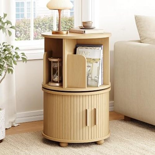 ONBRILL 360° Rotating End Table, Round Fluted Side Tables with Storage, Oak