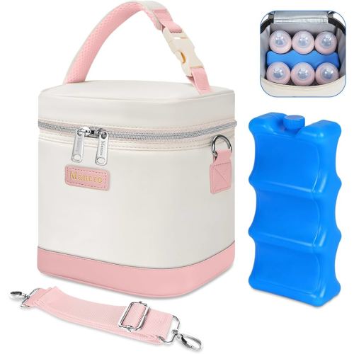 Mancro Breast Milk Cooler Bag with Ice Pack, Baby Bottle Bag Holds 6 Bottles Up to 9oz, Leak-Proof Insulated Storage for Nursing Moms, Daycare or Travel, Pink & Beige