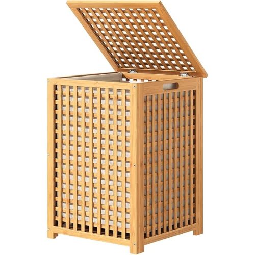 oakvivo Laundry Hamper with Lid, 17.7" x 17.7" x 25.6" Bamboo Laundry Basket with Removable Liner Bag and Handles, Raised Clothes Hamper Organizer for Laundry Living Room, Bathroom, Bedroom (Natural)
