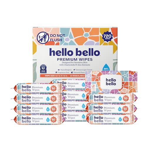 Hello Bello Premium Wipes, Designed for Sensitive Skin with Chamomile & Aloe Extracts, Flower Pop (12 Resealable Packets = 720 Total Wipes)