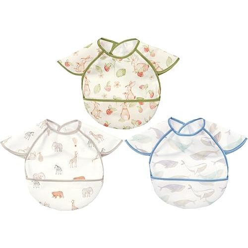 Feeding Bibs for Baby,3 Pack-Waterproof & Easy Clean Feeding Bibs for Toddlers & Infant,Reversible Pockets