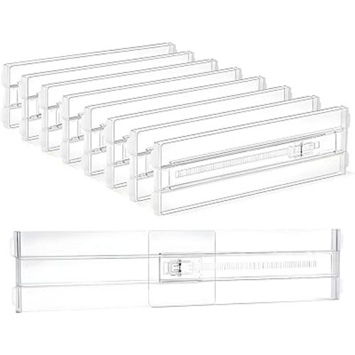 8 Pack Clear Drawer Dividers for Clothes, 4" High 10.6"–16.9" Adjustable Expandable Dresser Drawer Organizer, Dresser Separators for Baby Clothing, Underwear, Sock, Cosmetic, Kitchen, Office Storage