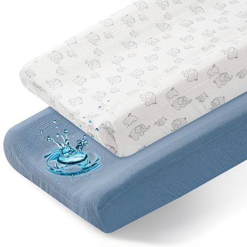 Basumee Muslin Changing Pad Cover Waterproof 2 Pack Baby Changing Table Covers for Boys and Girls Soft Breathable Nursery Diaper Change Table Cover Pad Fits 32"x16", Blue