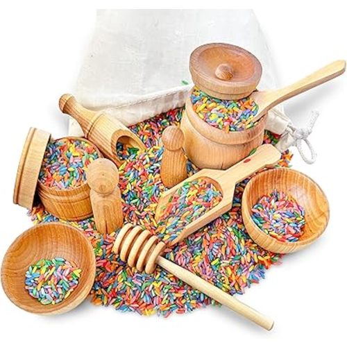 Wooden Tool Set for Sensory Bin (10 Piece), Child-Sized Montessori Sensory Toys for Developing Fine Motor Skills, Smooth Wooden Toys, Bin Scoops and Tools