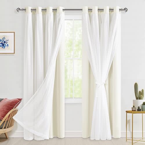 Hiasan Blackout Curtains with Sheer Overlay, Grommet Thermal Insulated Mix & Match Double Layer Window Curtains for Bedroom, Living Room, 2 Drape Panels Sewn with Tiebacks, Ivory, 52W X 84L