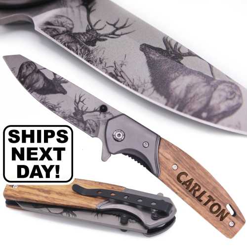 Personalized Folding Knife with Pocket Clip, Custom Engraved Pocket Knife with Belt Clip, Customized Hunting Fishing Knife for Dad Elk Blade