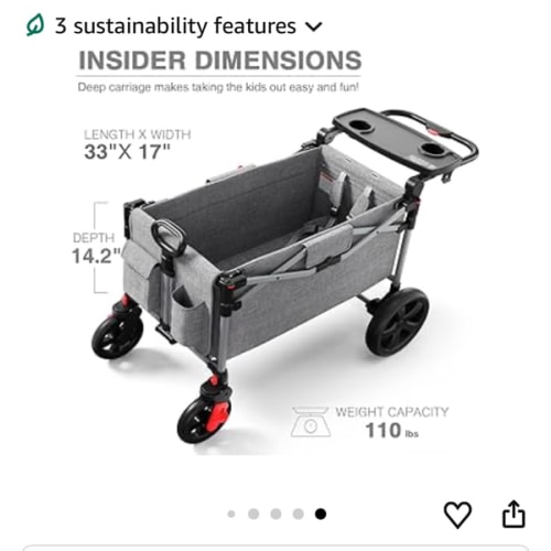 EVER ADVANCED Foldable Wagons for Two Kids & Cargo, Collapsible Folding Stroller with Adjustable Handle Bar,Removable Canopy with 5-Point Harness Gray