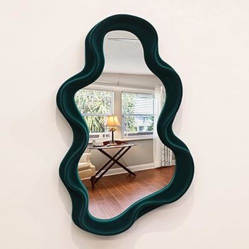Emerald Green Wavy Wall Mirror Decor for Hallway Entryway, Irregular Cloud-Shaped Small Decorative Mirrors for Home Office Living Room, Modern Hanging Wall Art for Christmas Wedding Gift