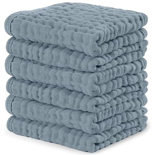 Comfy Cubs Muslin Baby Washcloths 6 Pack - Soft 6-Layer Cotton Wash Cloths for Sensitive Skin - 10"x10" Large, Gentle, Absorbent Infant Essentials for Newborn and Toddlers - Pacific Blue