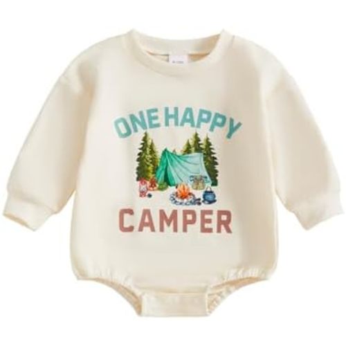 Baby Boy Girl First Birthday Clothes One Happy Camper Bubble Romper Fall Long Sleeve Camping T-Shirt Smash Cake Outfit