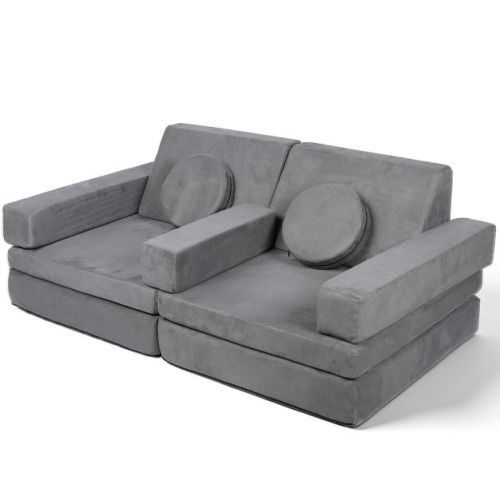 TODECARE 9-Piece Kids Convertible Foam Sofa Play Set with Modular Cushions, Gift for Boys and Girl, Gray