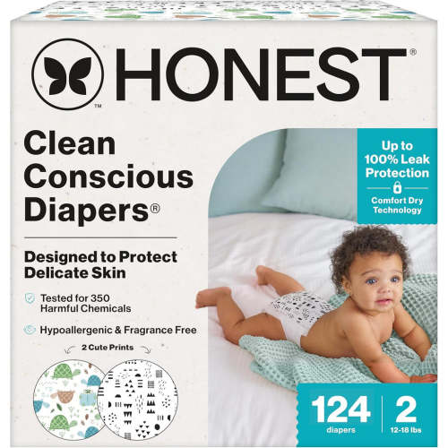 The Honest Company Comfort Dry Disposable Daytime Diapers for Sensitive Skin, Hypoallergenic, Barnyard Babies + Pattern Play, Super Club Box Size 2 (12–18 lbs), 124 Count