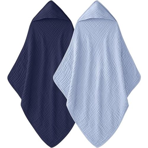 Hooded Baby Towels for Newborn - 2 Pack, 100% Muslin Cotton, Baby Bath Towels with Hood, Soft and Absorbent for Boys, Girls Infant, Toddler and Kids, Large 32x32 Inches, Newborn Essential