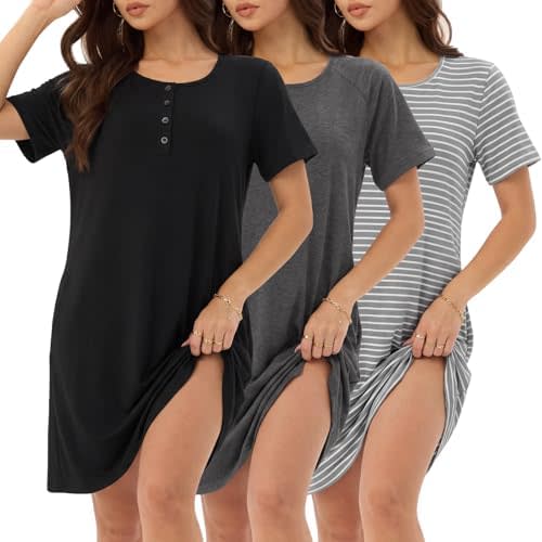 3 Pack Nightgowns for Women Short Sleeve Sleep Shirt Soft Nightshirt Pajamas Dress Casual Sleepwear with Pockets