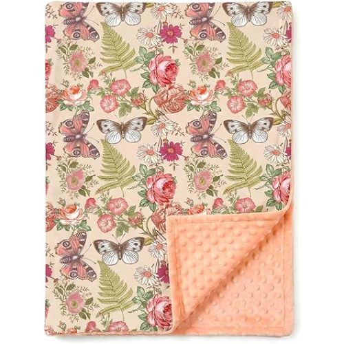 Andrain Floral Baby Blanket for Girls, Vintage Boho Butterfly Minky Blanket, Nursery Baby Blanket with Double Layer Dotted Backing, 30" x 40" for Nursery, Crib, Car Seat, Swaddling Newborns