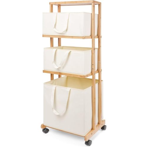 Homde Laundry Basket 3 Tier Bamboo Storage Shelf with Wheels Removable Container with Handle Freestanding Clothes Hamper Organizer for Bathroom Living Room Bedroom (Natural)