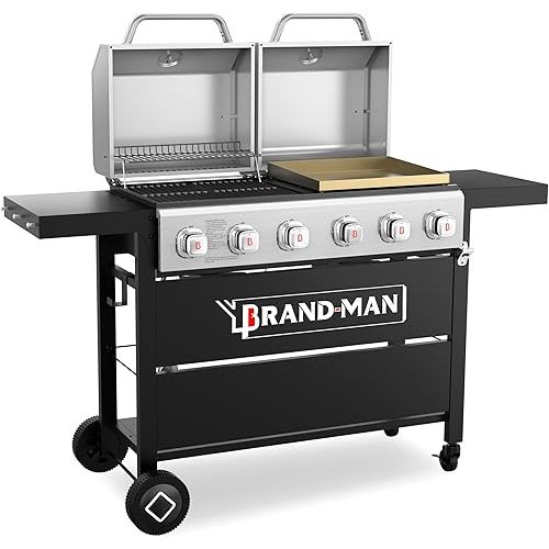 Brand-Man Griddle Grill Combo 6-Burner, 2 in 1 Versatile Propane Gas Grill and Griddle with Double Stainless Steel Lids, BBQ Combo for Outdoor Kitchen & Backyard Barbecue Cooking