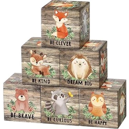 6 Pcs 1.6 Inch Inspirational Woodland Nursery Decor Animals Wall Decor Stuff Wooden Forest Animals Bear Raccoon Lion Fox Block Safari Creature Table Decoration (Brown)