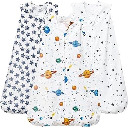 PHF Baby Sleep Sack 0-6 Months 3 Pack 100% Cotton Baby Wearable Blanket, 2-Way Zipper 0.5 TOG Toddler Sleeping Sack, Comfy Sleep Bag for Baby Boys, Space Stars (Small)
