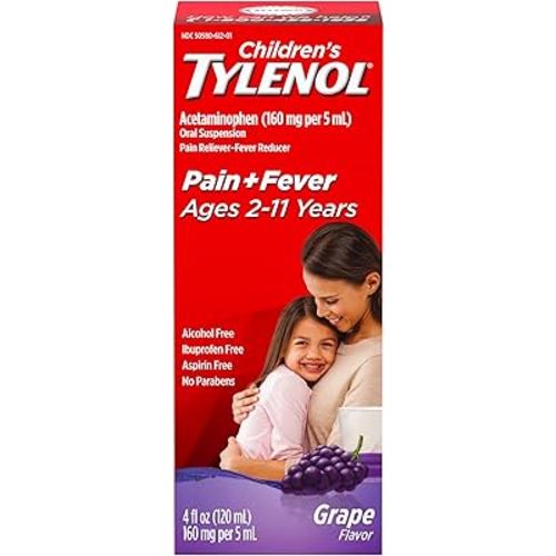 Children's Tylenol Liquid Oral Suspension Medicine, Acetaminophen Pain Reliever & Fever Reducer for Cold + Flu Symptoms & Sore Throat, Aspirin-, Ibuprofen- & Alcohol- Free, Grape, 4 fl. oz