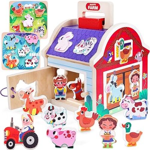 Toddler Montessori Wooden Farm Animal Toys for 1 2 3 Year Old Girls Boys, Sorting Barn Toy with Blocks Puzzles, Baby Shape Sorter Learning Toys, Christmas Birthday Gifts for Toddlers 1-3