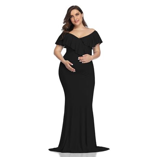 YnimioAOX Maternity Long Dress Ruffles Elegant Maxi Photography Dress Stretchy Slim Gowns for Photoshoot