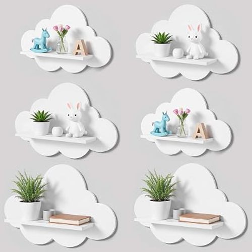 6 Pcs Cloud Shelves for Wall, White Wavy Floating Cloud Shelves for Wall Set, Small Clouds Shelf for Living Room Bedroom Bathroom Corner Nursery Decor, 3 Sizes for Books Toys Photos