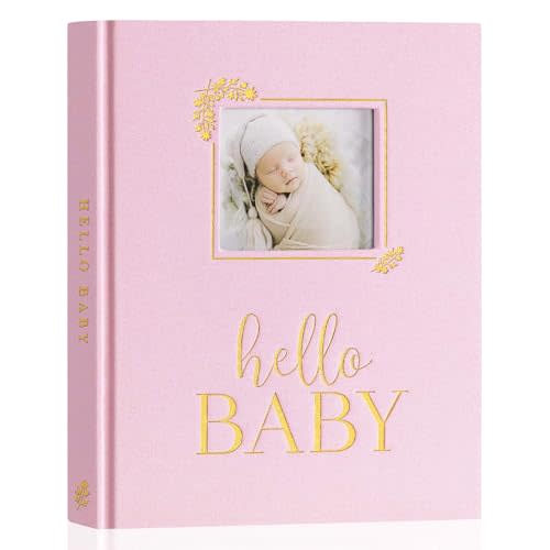 Lanpn Hello Baby Memory Book, Newborn First 5 Year Keepsake with DIY Window, Linen Baby Book Memories Journal Scrapbook Photo Book, Baby Milestone Album for Boy Girl New Parents (Pink, 154 Pages)