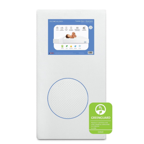 Delta Children Twinkle Stars Crib and Toddler Mattress with Breathable, Removable Machine-Washable Cover - GREENGUARD Gold - Waterproof Baby Bed - Sustainably Sourced Fiber Core - 52”Lx27.5”W, White
