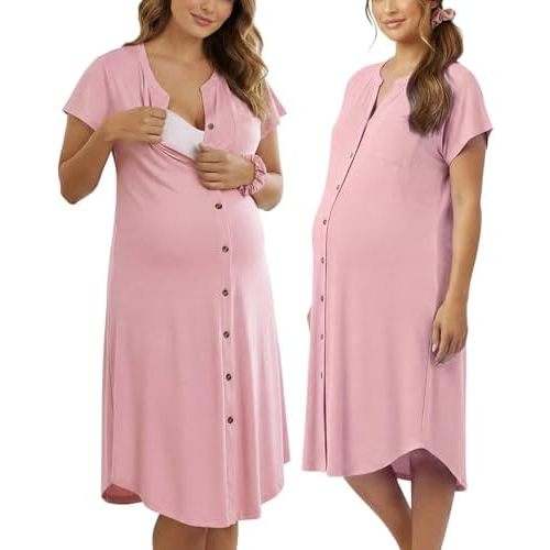 PATPAT Maternity Nursing Nightgown for Pregnancy & Postpartum,Button-Front V-Neck Breastfeeding Sleep Dress with Pockets