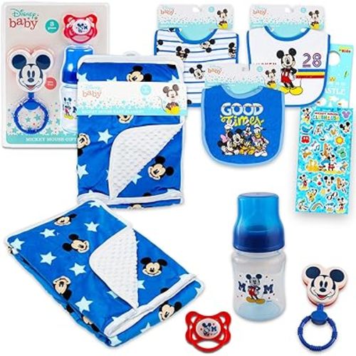 Disney Mickey Mouse Baby Gift Set, Baby Shower Gifts Boys Neutral - 12 Pc Newborn Essentials Bundle with Blanket, Bibs, Rattle, Bottle, Pacifier, Scrapbook Stickers, More