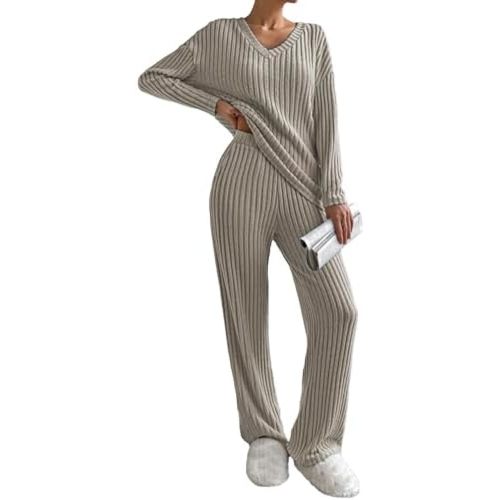 Famulily Women’s 2 Piece Outfits Lounge Sets Rib Knit Matching Pajama Set Long Sleeve V Neck Tops Wide Leg Pants with Pockets