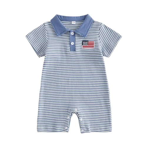 Newborn Outfits Baby Boy Clothes Summer Short Sleeve Waffle Knit Collared Sailboat Embroidery Romper Jumpsuit