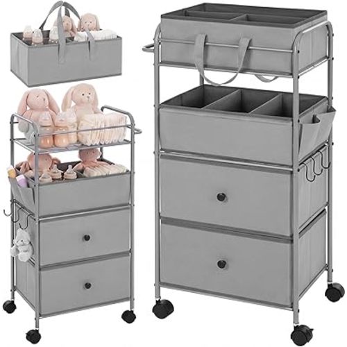 FoldTier 3In1 Baby Diaper Caddy Organizer Cart 4 Tier Large Capacity Metal Utility Bedside Rolling Cart with Divider Newborn Registry Nursery Essential Must Have Bedroom Gift Baby Shower(Gray)