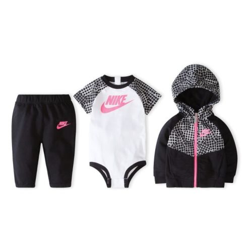 Nike Size 0-6M 3-Piece Bodysuit, Hoodie and Pant Set in Black/Pink