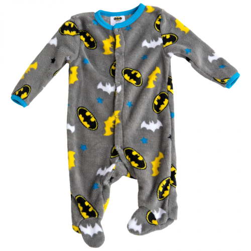 DC Comics Batman Baby Boy Plush Polar Fleece Romper with Footie Sleeper Printed Coverall Grey/Yellow, 0-3 Months