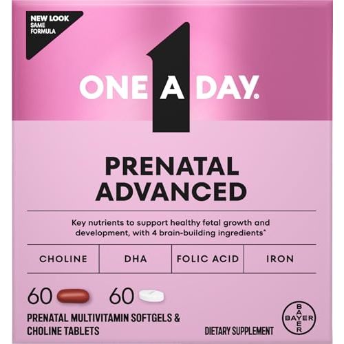 One A Day Prenatal Advanced- Prenatal Vitamins with Folic Acid, Choline, DHA & Iron, Pregnancy Vitamins for Women to Support Baby’s Development, 60+60 Ct (120 Total Set) (Packaging May Vary)