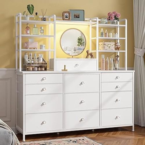 Romorgniz White Dresser for Bedroom with 12 Drawers & LED Lights, Fabric Dressers & Chests of Drawers with Open Shelves, Vanity Dresser Organizer with Metal Frame Wooden Shelf for Entryway Closet