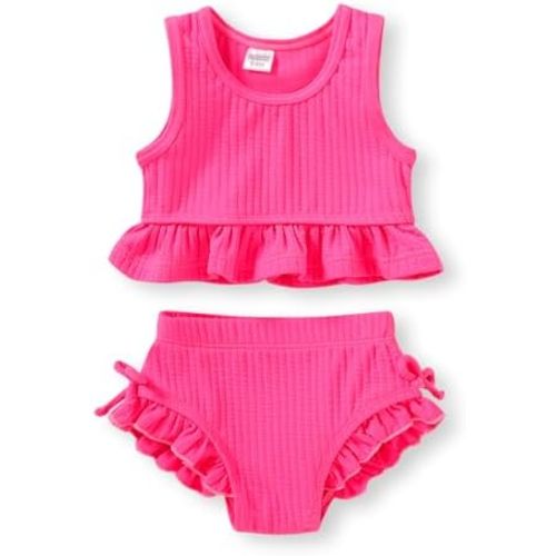 HAPPYMA Baby Swimsuit Toddler Girl Bathing Suit Summer Solid Color Bikini Set Beach Two Piece Swim Wear