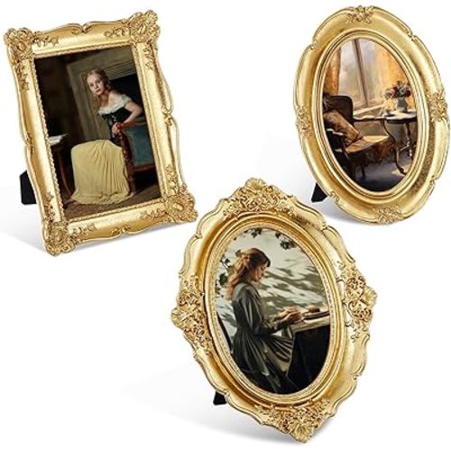 3 Pcs Gold Vintage Picture Frame Set Antique Oval Picture Frames 4x6, 5x7 Inch Baroque Photo Ornate Frames with Glass Gift for Tabletop Hanging Wall Art Wedding Home(Retro Style)