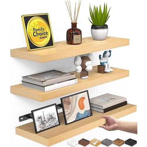 BAYKA Floating Shelves for Wall, Wall Mounted Rustic Wood Shelves for Bathroom, Bedroom, Living Room, Kitchen,Small Hanging Shelf for Books/Storage/Room Decor (Oak-Toned, Set of 3, 15.7in)