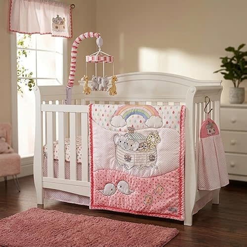 EVERYDAY KIDS Precious Moments Noah’s Ark 4 Pc Crib Bedding for Girls Nursery Set Includes Baby Bed Quilt, Fitted Sheet, Dust Ruffle and Diaper Stacker with Sweet Images of Elephants and Giraffes