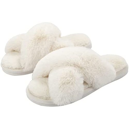 Metog Women's Fuzzy Cross Band Indoor/Outdoor Soft Open Toe Slippers