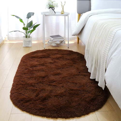 Junovo Oval Fluffy Area Rugs for Bedroom Plush Shaggy Carpet for Kids Room Bedside Nursery Mats, 2.6' x 5.3',Coffee