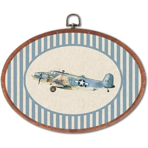 Vintage Airplane Nursery Oval Wall Art Framed, Grey Striped Framed Military Fighter Canvas Prints, Unique Retro Boy Gift Hanging Wall Decor for Kids Toddler Room Bedroom Playroom, 8.6x11.4 Inch