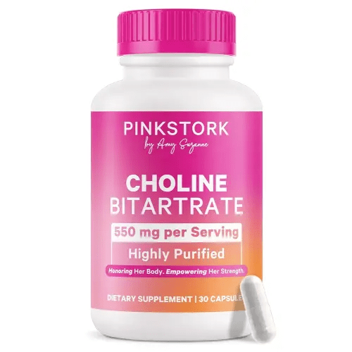 Pink Stork Choline - 550 mg Choline Bitartrate from VitaCholine for Pregnant + Postpartum Moms - Prenatal Vitamin for Fetal Cognitive Health + Breast Milk Quality - 1 Capsule Daily, 30 Count