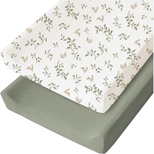 Konssy 2 Pack Muslin Changing Pad Covers for Baby Girls Boys, 32"x16" | 100% Cotton, Soft & Breathable, Diaper Changing Table Sheets, Full Elastic Fit, Floral & Solid Designs (Rabbit,Fog Green)