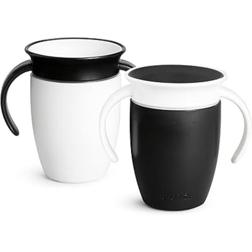 Munchkin Miracle 360 Sippy Cup for 6 Month Old, Spill Proof Baby and Toddler Cups with Transition Handles, 7 Ounce, 2 Pack, Black/White